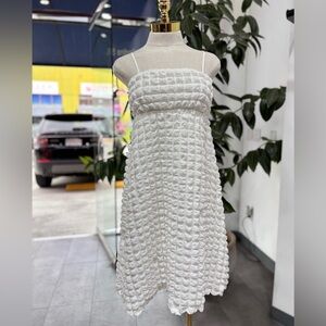 White Textured Midi Dress – Smocked Bodice Spaghetti Strap Sundress